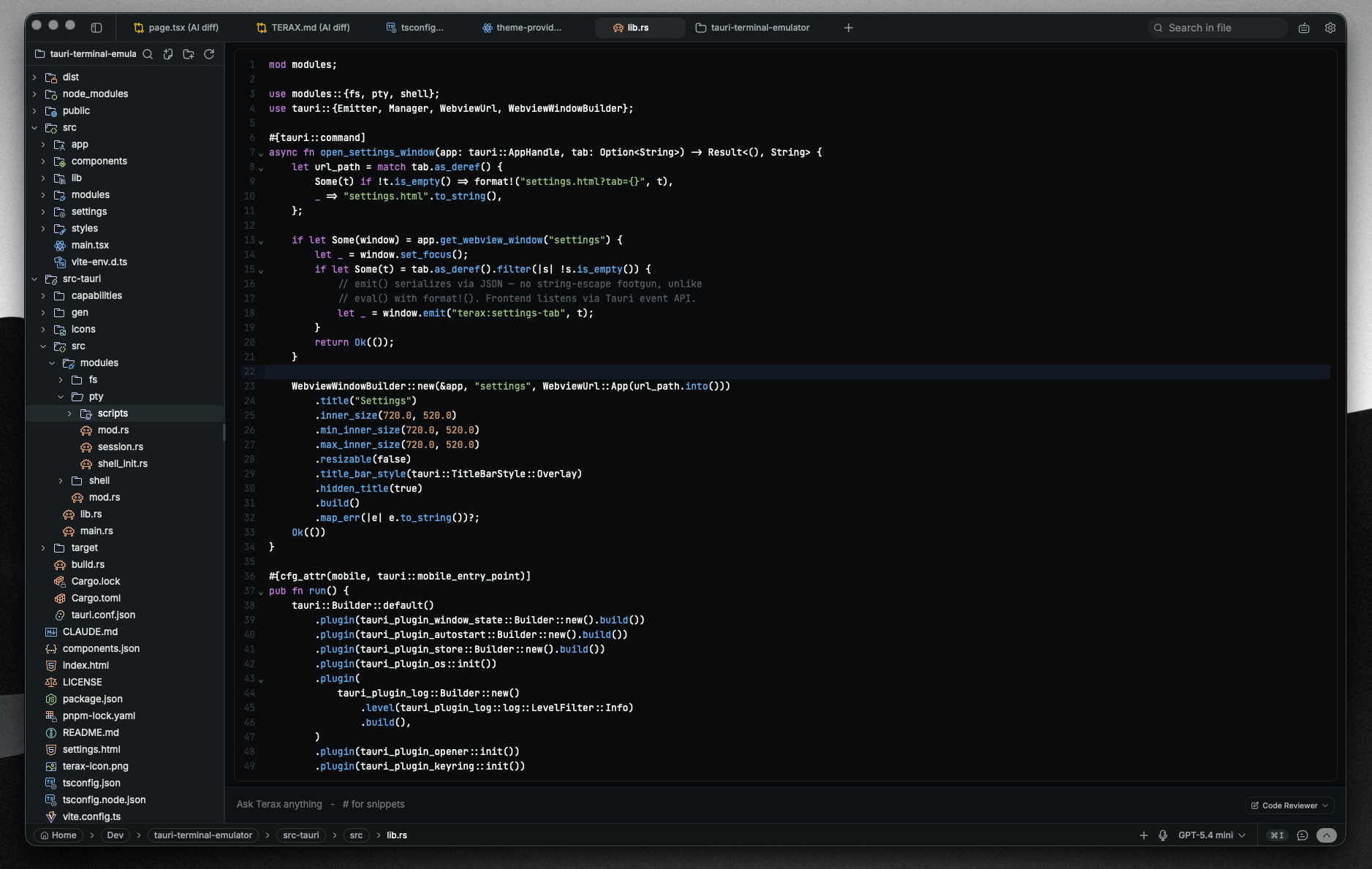 Terax code editor with AI autocomplete and Vim mode