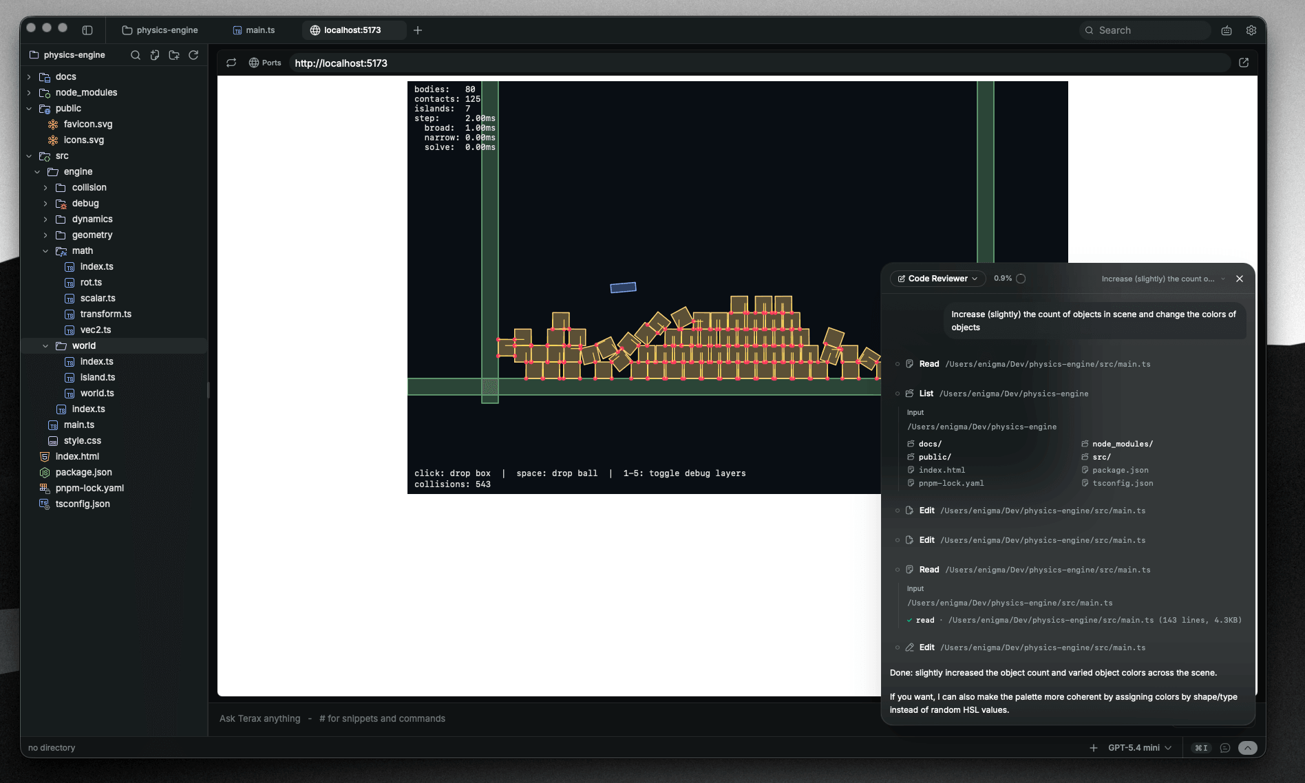 Terax web preview showing a Vite app rendered in a side panel