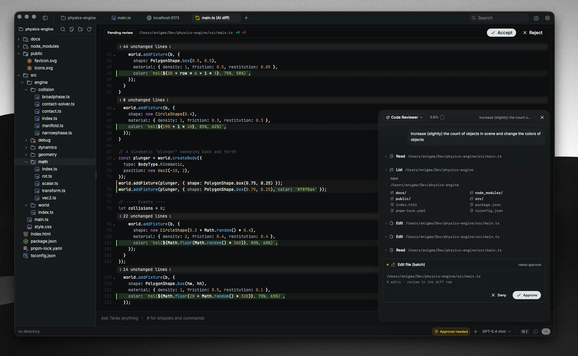 Terax AI panel showing an agent listing dirs and proposing edit diffs