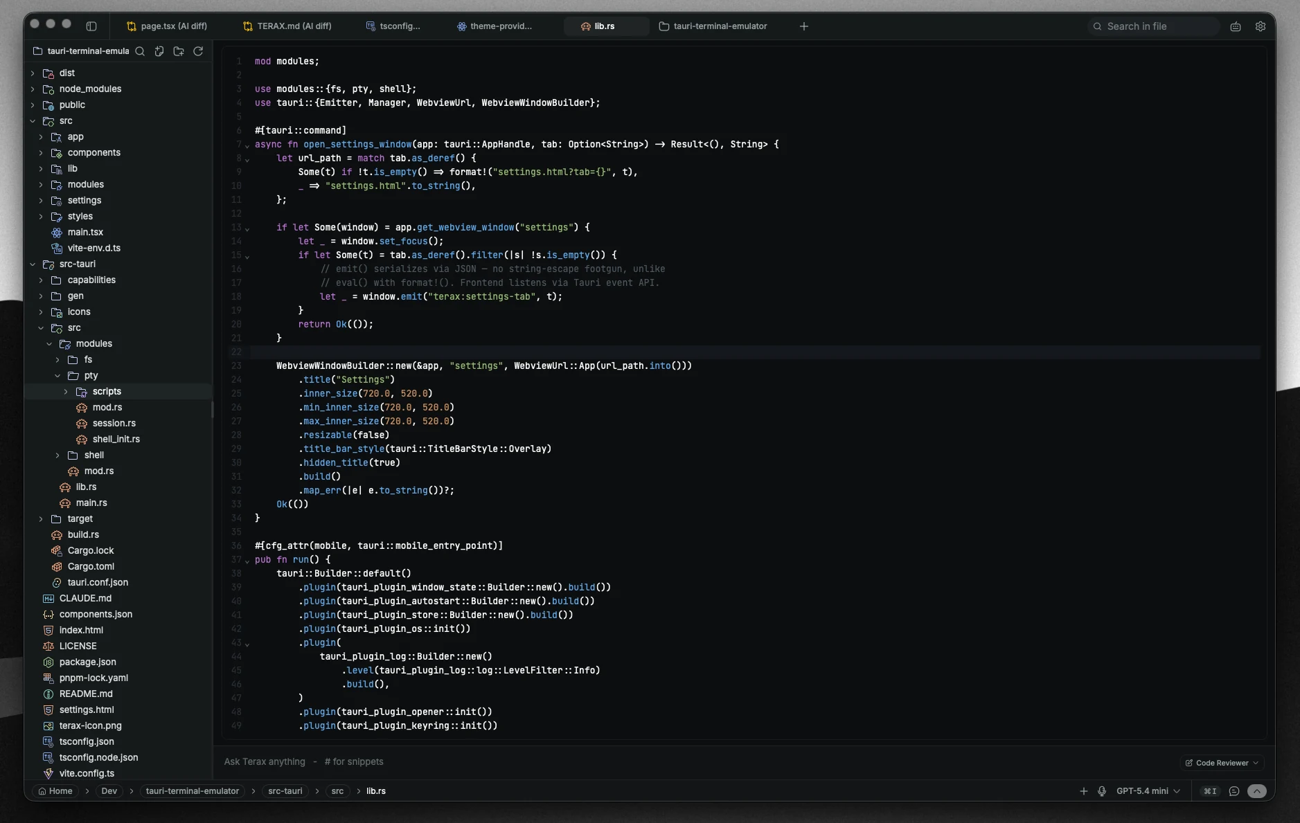 Terax code editor with AI autocomplete and Vim mode