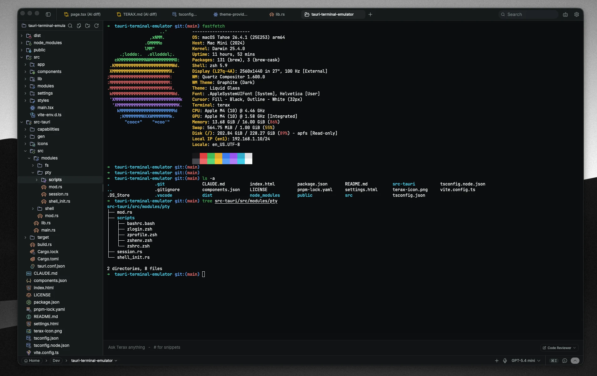 Terax terminal showing fastfetch output and the file explorer
