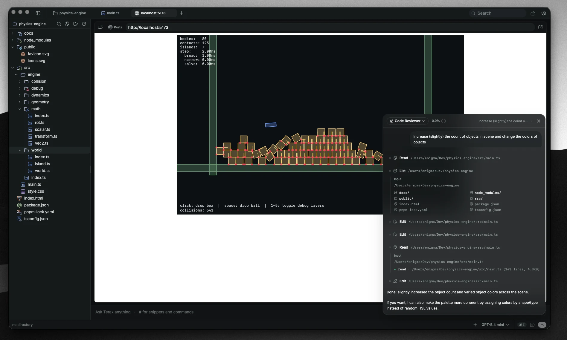 Terax web preview showing a Vite app rendered in a side panel
